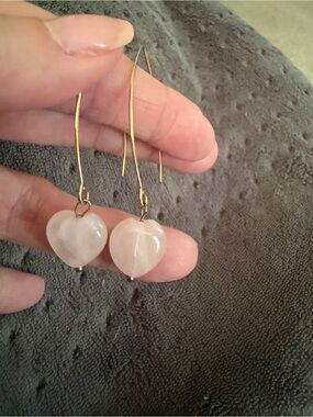 Katia Designs Rose Quartz Heart Drop Earrings with Gold Hooks